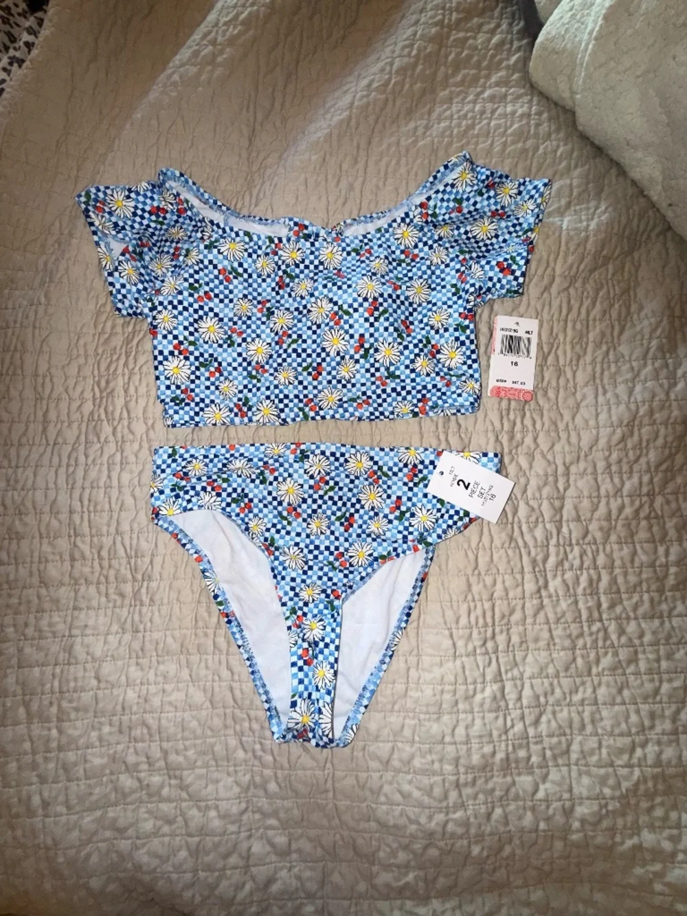 Hobie girls size 16 bikini swimsuit floral cap sleeve bralette set blue gingham